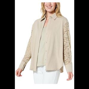 WynneCollection Women's Button Down Shirt with Lace Sleeves Oyster - Regular